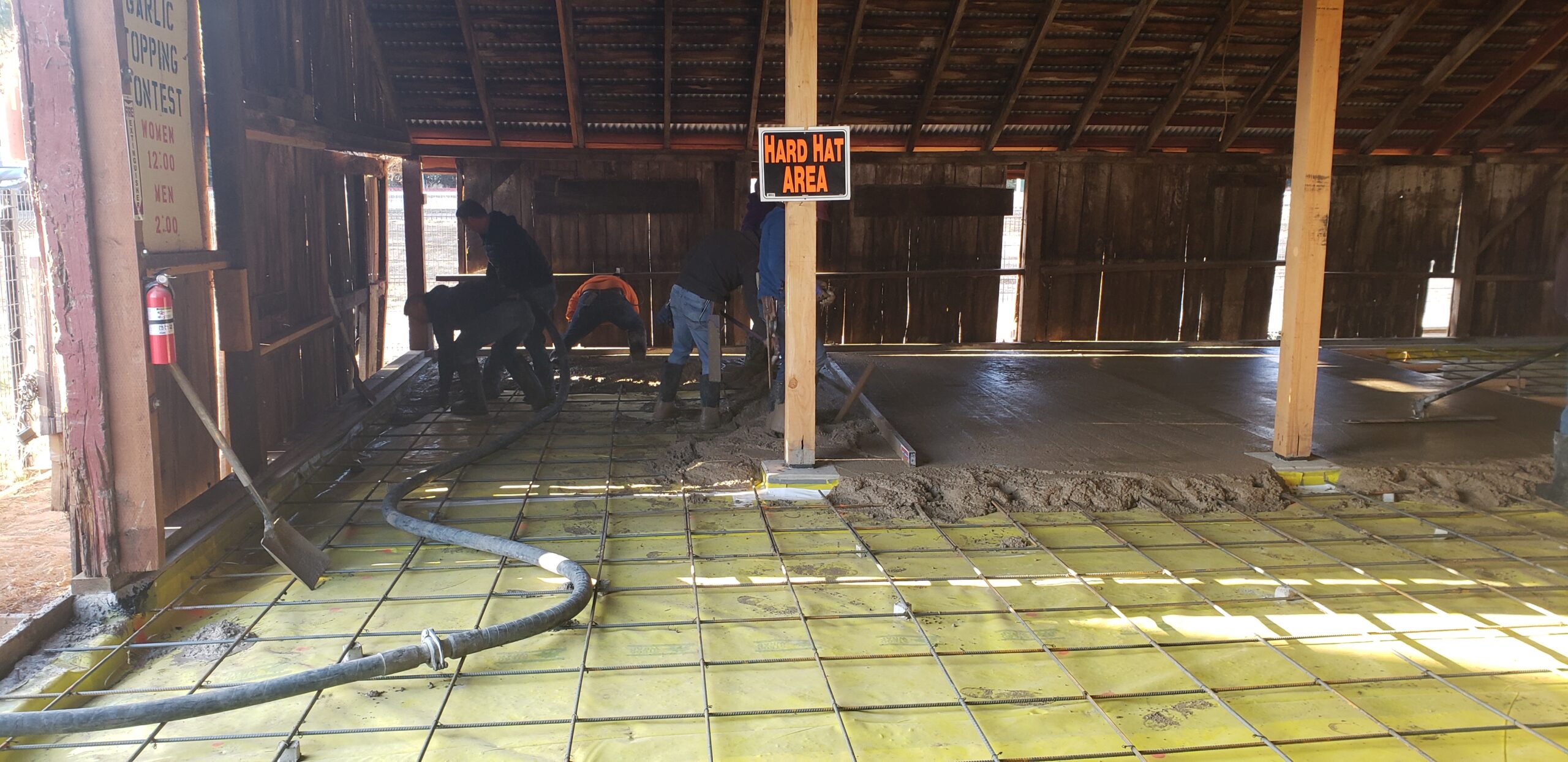 Barn, cement, hose, leveling, hard hat area,